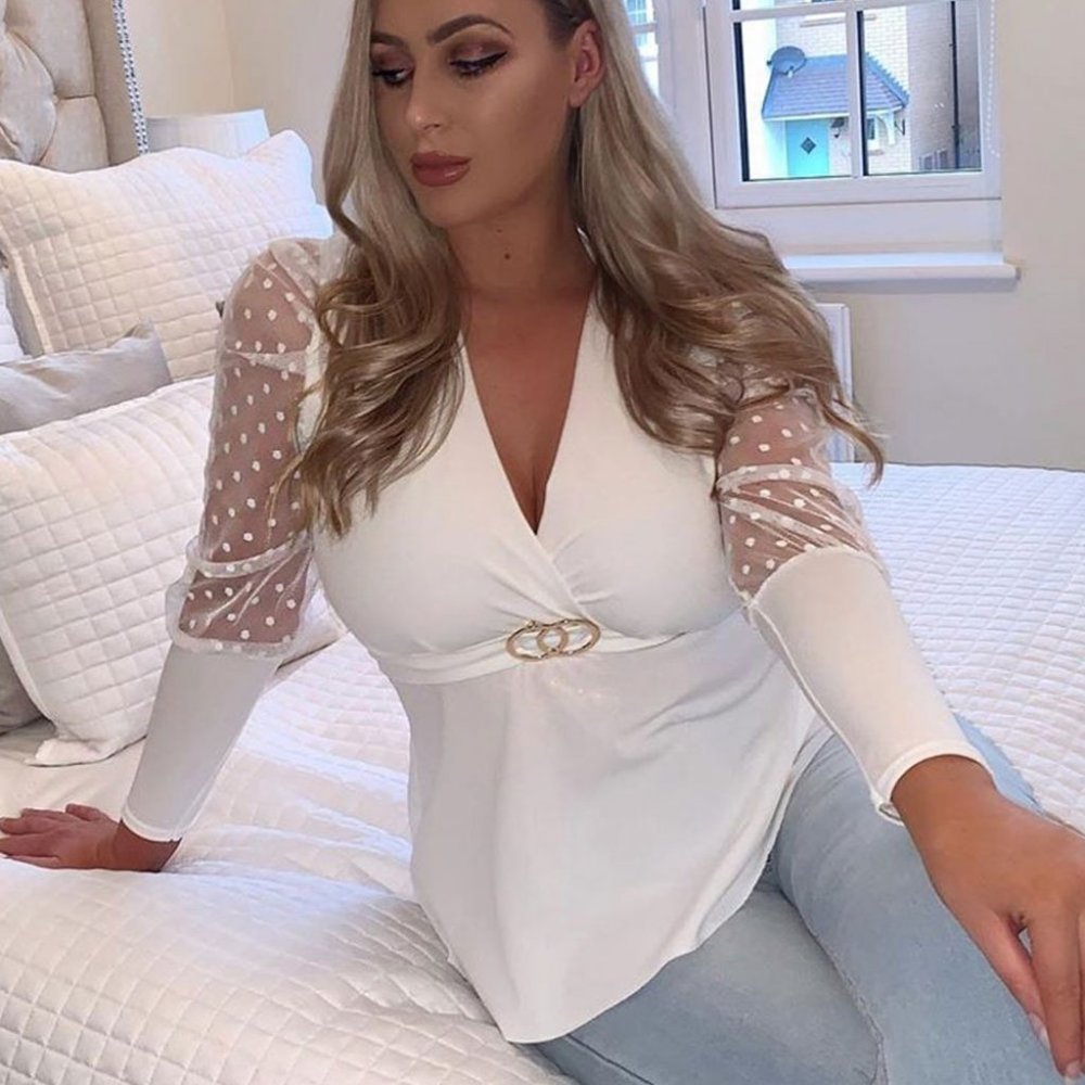 White Long Polka Dot Sleeve V-Neck Belted Blouse - Picture 7 of 7